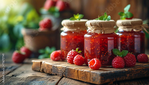 Raspberry jam with berry on light background. Homemade jam with raspberry. banner, menu, recipe place for text, top Various jams peach and strawberry on wooden table photo