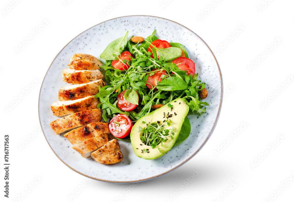 Grilled Chicken Fillet with Fresh Salad, Cherry Tomatoes and Avocado, Healthy food, Keto, Paleo Diet Menu Grilled Chicken Fillet with Fresh Salad, Cherry Tomatoes and Avocado, Healthy food, Keto, Paleo Diet Menu