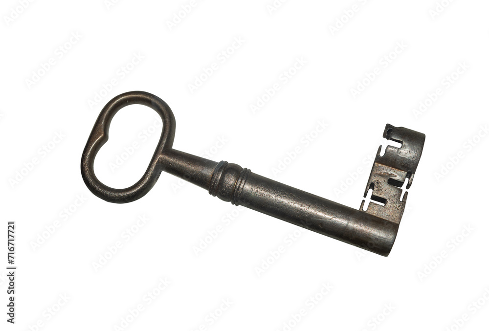 Antique iron key isolated on white background.