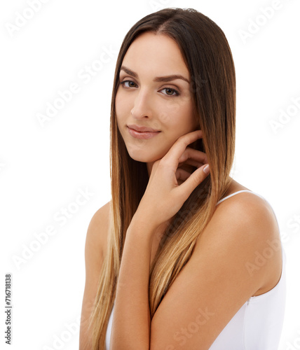 Woman, straight hair and natural beauty in portrait isolated on a white studio background. Face, hairstyle and young model in cosmetics, care at hairdresser salon treatment or skincare glow of body