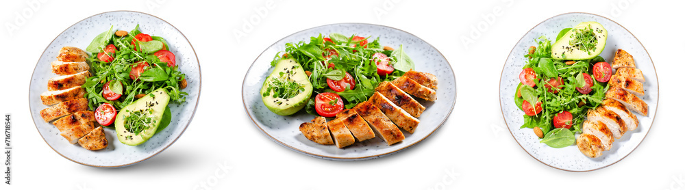 Grilled Chicken Fillet with Fresh Salad, Cherry Tomatoes and Avocado, Healthy food, Keto, Paleo Diet Menu Grilled Chicken Fillet with Fresh Salad, Cherry Tomatoes and Avocado, Healthy food, Keto, Paleo Diet Menu