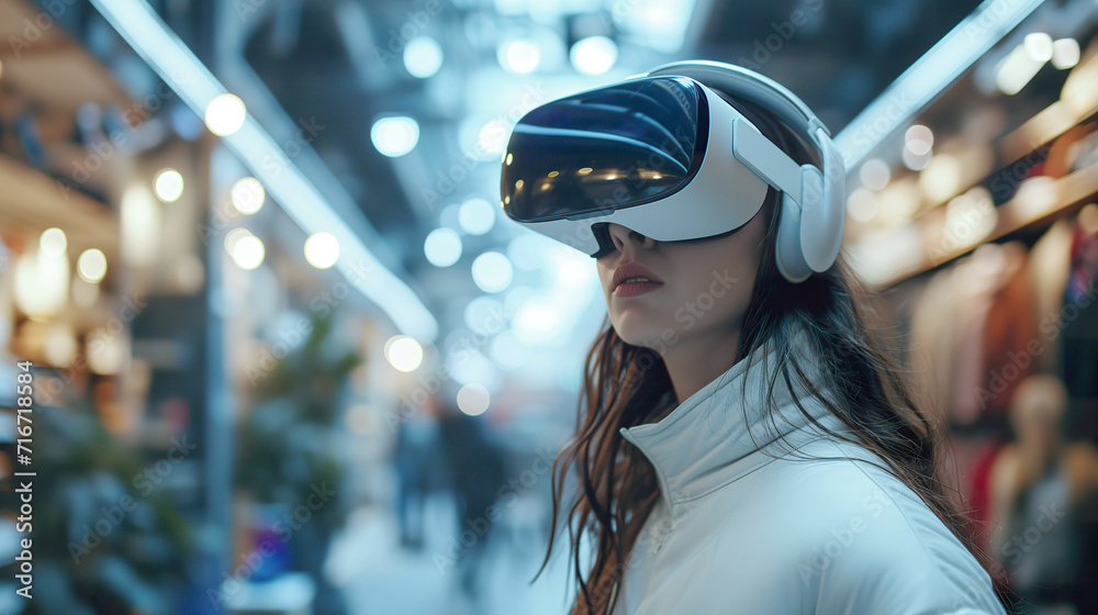 Embrace the Future: Female Shopper Explores Sustainability Strategies in the Metaverse with VR Headset Embrace the Future: Female Shopper Explores Sustainability Strategies in the Metaverse with VR Headset
