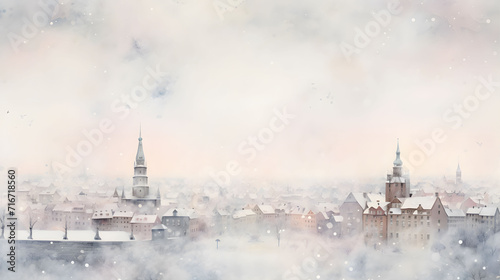 Watercolor illustration with snowy cityscape
​