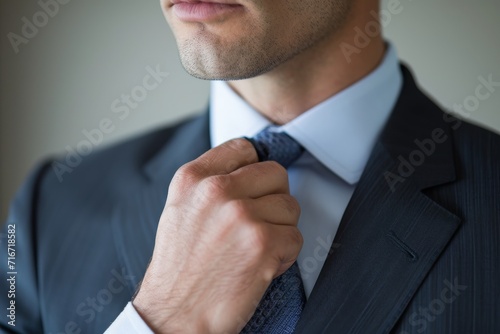 Close-up of a businessman adjusting his tie