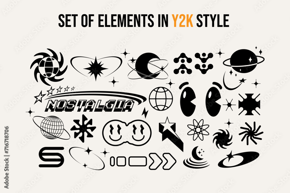 A set of modern futuristic abstract minimalistic cosmic models, figures, elements in y2k. Brutalism. Stickers. Aesthetic shapes. Templates for posters. Background. Graphic symbols for design