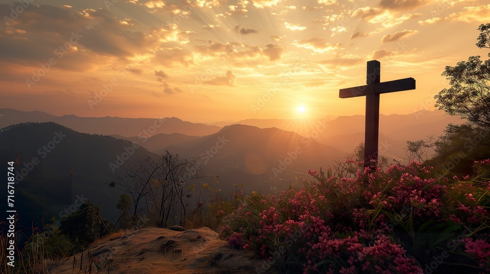 Beautiful sunset landscape background with crosses between mountains.