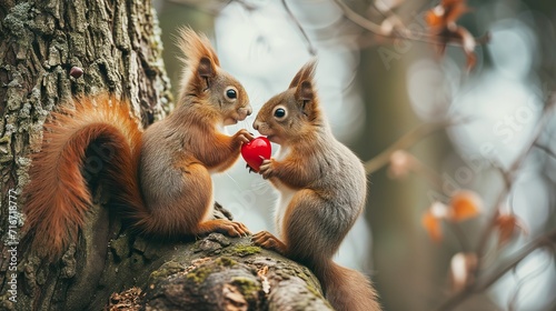 funny animal valentine's day love wedding celebration concept greeting card cute red squirrel couple on tree trunk in forest holding red heart © Jiraphiphat