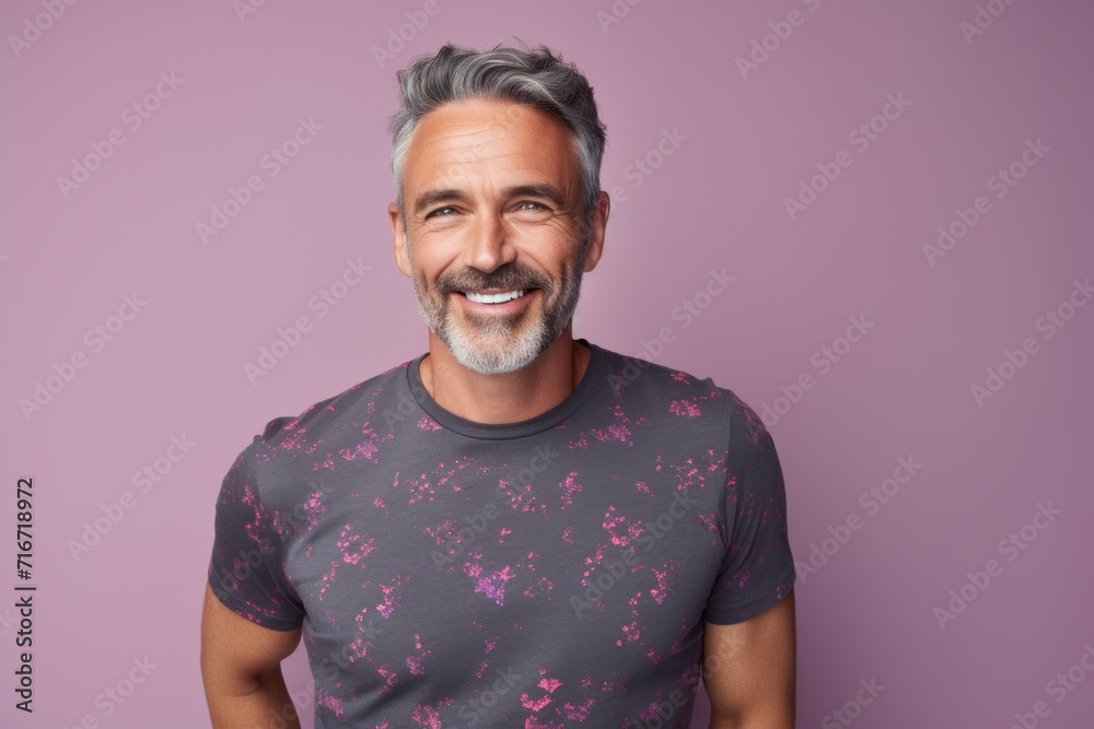Portrait of a cheerful man in his 40s donning a trendy cropped top against a pastel gray background. AI Generation