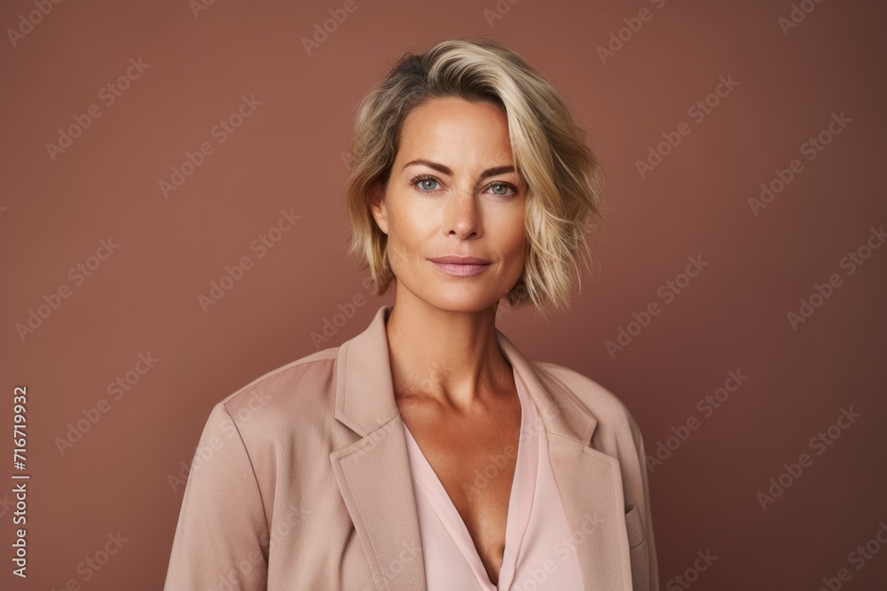 Portrait of a tender woman in her 40s wearing a chic cardigan against a pastel brown background. AI Generation Portrait of a tender woman in her 40s wearing a chic cardigan against a pastel brown background. AI Generation