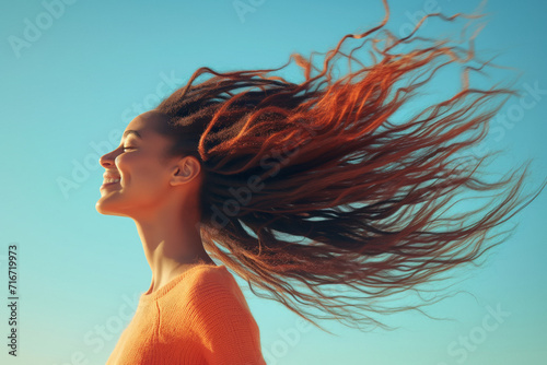 A young African American woman in profile with her hair loose in the wind, enjoying a moment of the sun on her face outdoors on a sunny day with the blue sky in the background.