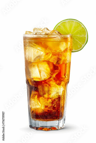 Long Island Iced Tea: Served in a tall glass with ice cubes.  White isolated background, side view. 