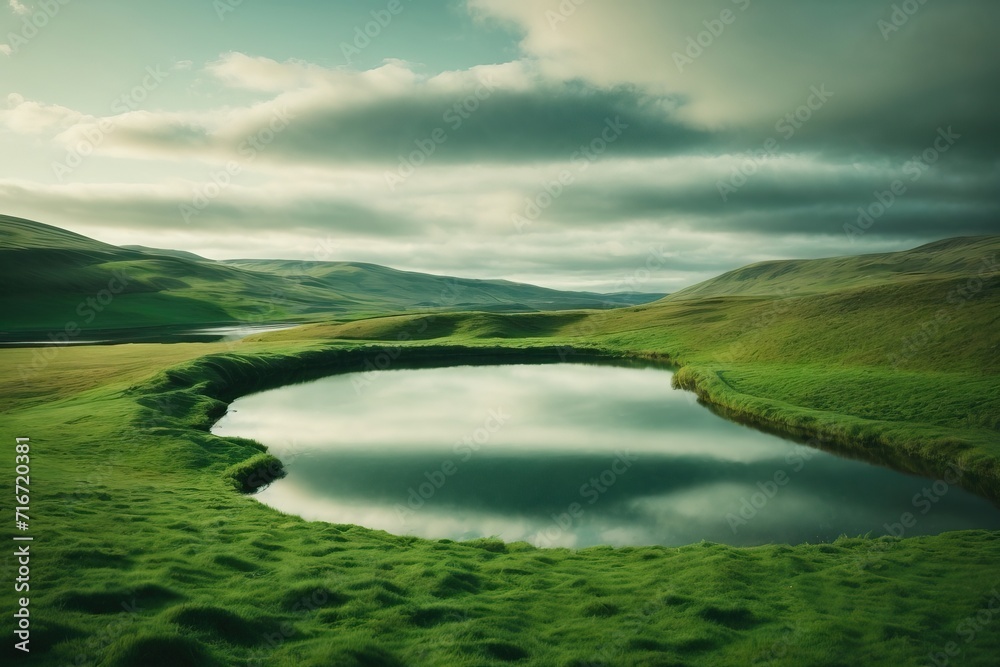 Obraz premium A Celtic-inspired landscape with a cloverleaf-shaped lake, reflecting the magic of Saint Patrick's Day