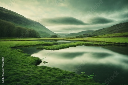 A Celtic-inspired landscape with a cloverleaf-shaped lake, reflecting the magic of Saint Patrick's Day photo