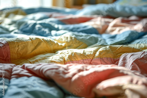 Colorful pastel colored quilted blanket on a bed. Generative AI photo