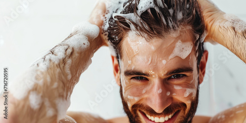 Handsome man washing his ha...