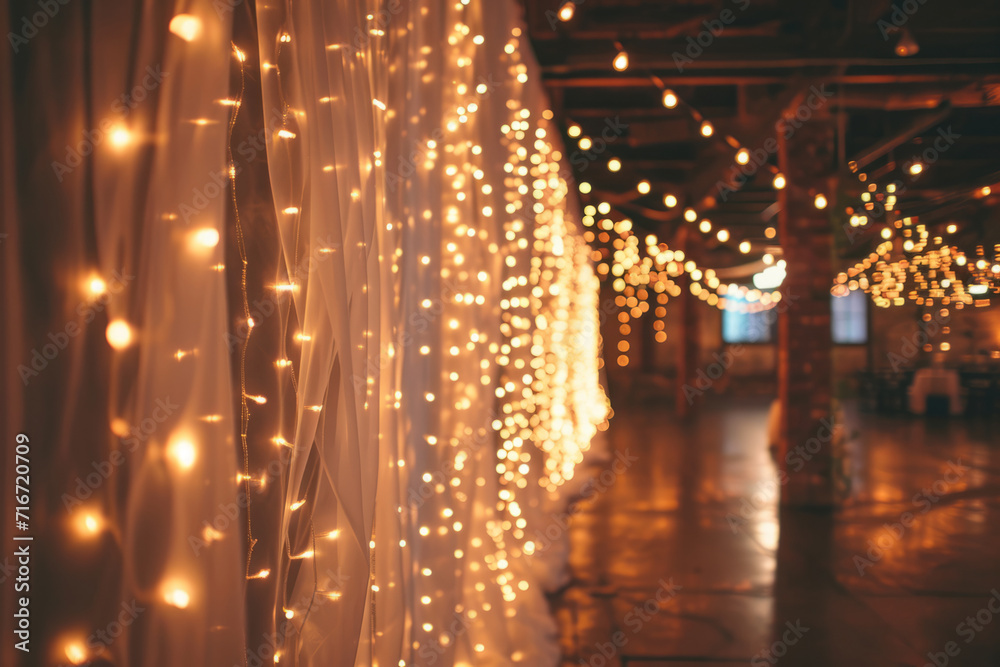 Night wedding ceremony with a lot of lights. Beautiful romantic shining decorations. Generative AI