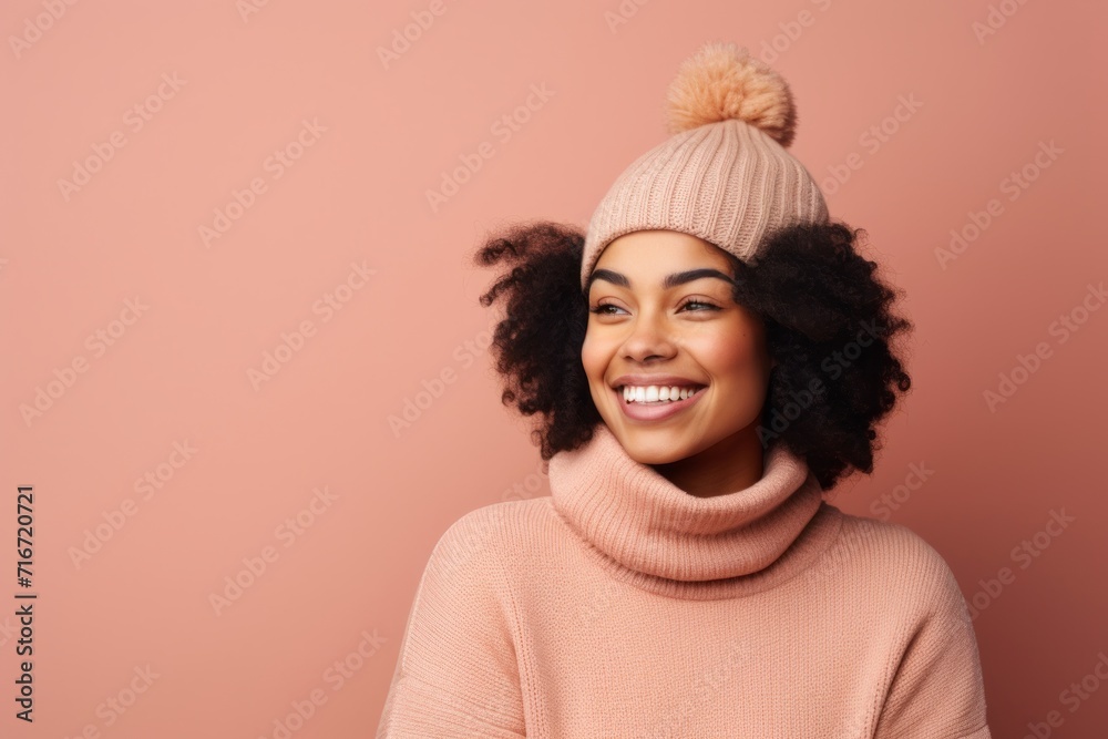 Portrait of a satisfied afro-american woman in her 20s donning a warm wool beanie against a pastel brown background. AI Generation Portrait of a satisfied afro-american woman in her 20s donning a warm wool beanie against a pastel brown background. AI Generation