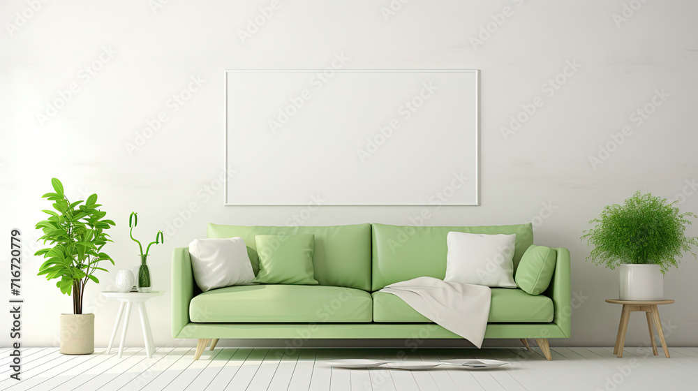 green sofa in white living room interior for mockup