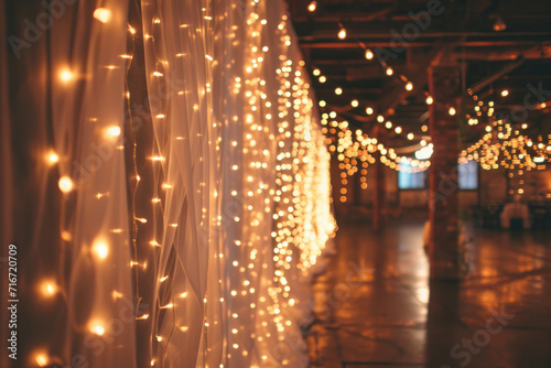 Night wedding ceremony with a lot of lights. Beautiful romantic shining decorations. Generative AI