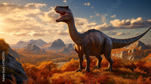 a brachiosaurus on the mountains at sunset