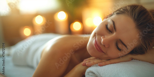 Woman enjoying relaxing back massage in cosmetology spa centre photo