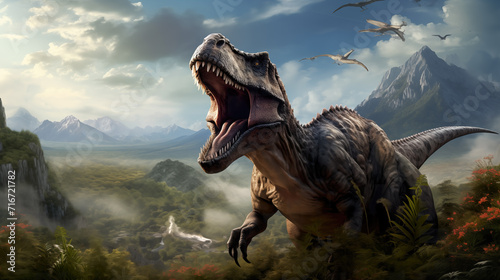 a screaming trex in front of a prehistoric jurassic landscape © Sternfahrer