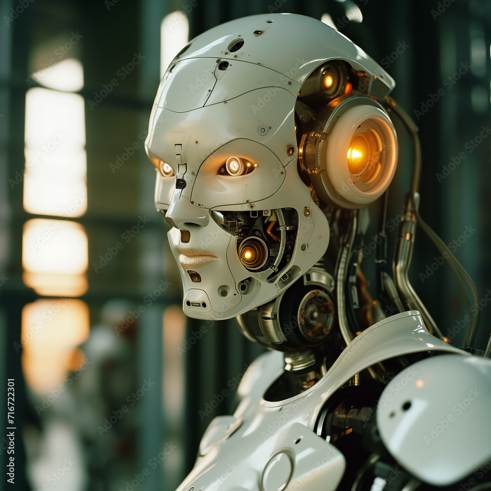 Fototapeta premium Advanced Cyborg Technology: Humanoid Robot in Futuristic Setting, Artificial Intelligence.