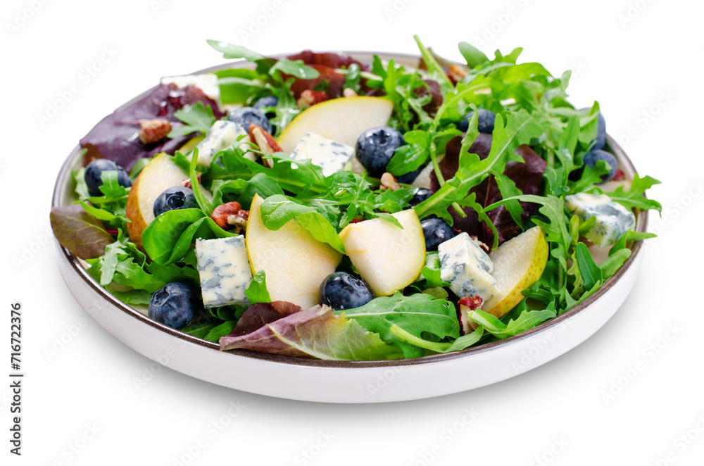 Salad with Pear, Arugula, Blue Cheese, Nuts and Blueberry, Delicious Fresh Salad on White Isolated