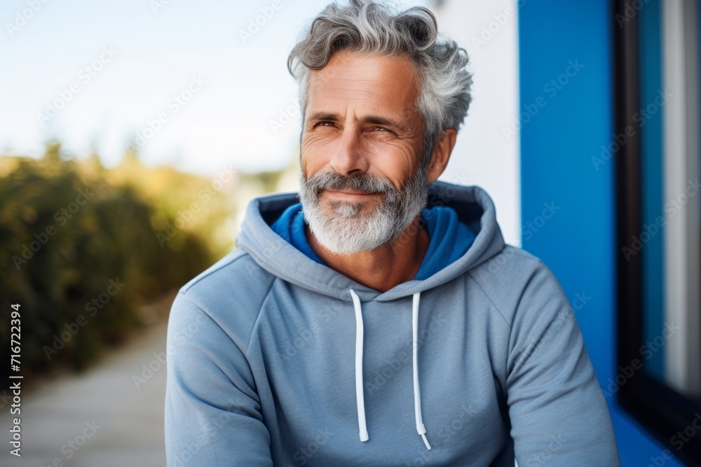 Portrait of a merry man in his 60s sporting a comfortable hoodie against a soft blue background. AI Generation Portrait of a merry man in his 60s sporting a comfortable hoodie against a soft blue background. AI Generation