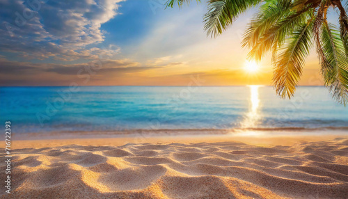 Summer background image of tropical beach with blurred horizon at sunset