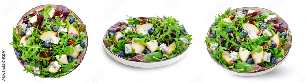 Salad with Pear, Arugula, Blue Cheese, Nuts and Blueberry, Delicious Fresh Salad on White Isolated Salad with Pear, Arugula, Blue Cheese, Nuts and Blueberry, Delicious Fresh Salad on White Isolated