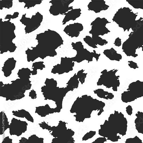 Cow skin in black spotted on white background , seamless grunge pattern, animal print texture. Vector wallpaper