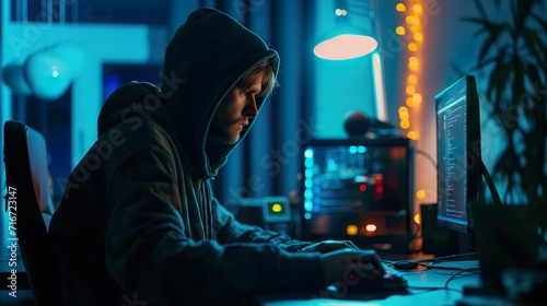 Hacker committing digital cybercrime in front of computer photo