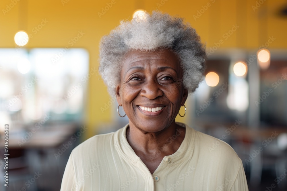 Portrait of a grinning afro-american elderly woman in her 90s dressed in a breathable mesh vest against a soft yellow background. AI Generation Portrait of a grinning afro-american elderly woman in her 90s dressed in a breathable mesh vest against a soft yellow background. AI Generation
