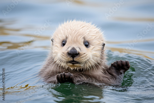 Baby sea otter swimming in the water. The sea otter is a marine mammal.