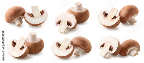 Set of various whole and halved fresh brown champignon mushrooms photo