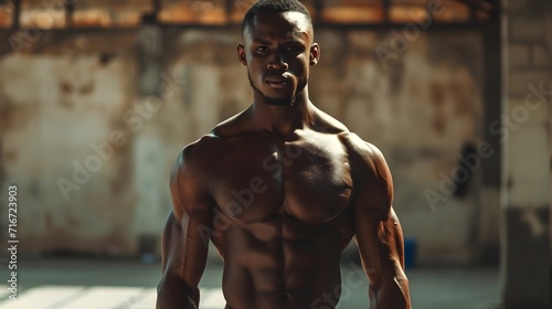 Portrait of a black male doing morning workout, generative AI