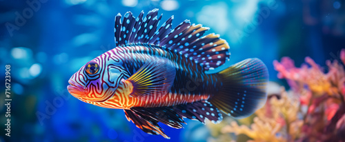 Colorful mandarinfish swimming in a vibrant coral reef aquarium