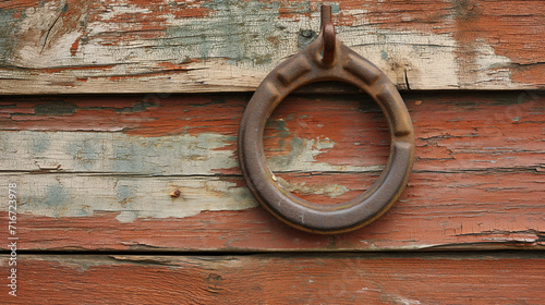 Single horseshoe hung on a rustic wall. generative AI
