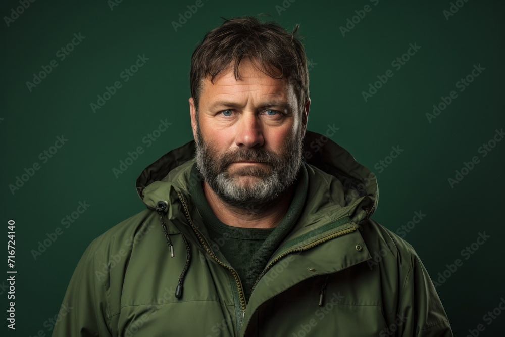 Portrait of a glad man in his 40s wearing a warm parka against a soft green background. AI Generation