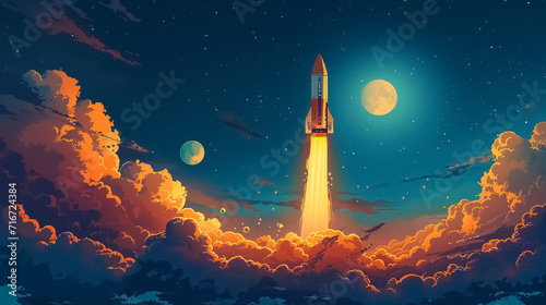 the rocket takes off into space