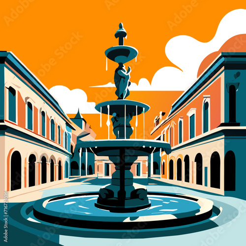 Fountain in the center of the city. Vector illustration in flat style generative AI