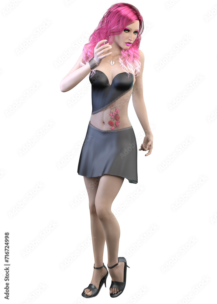 3D Render of Girl with pink hair in black dress 3D Render of Girl with pink hair in black dress