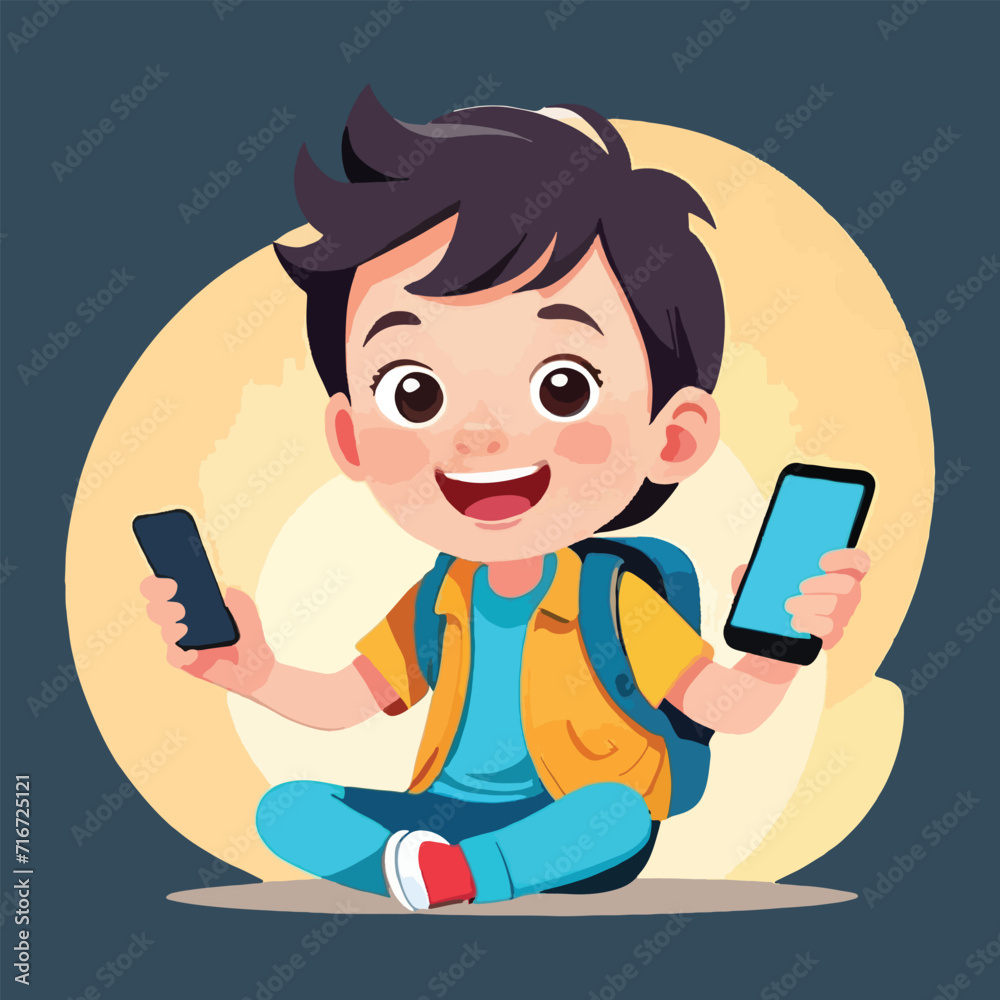 vector of happy kid play with smartphone vector of happy kid play with smartphone
