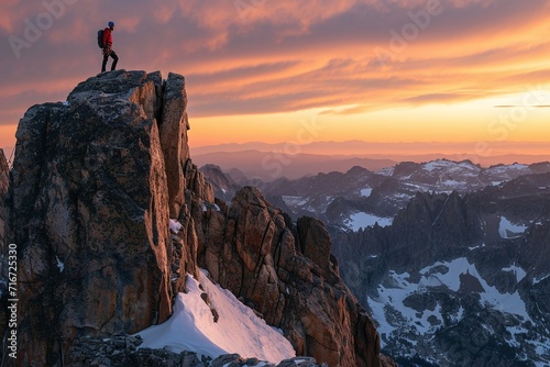 Climber mountaineer man reaching snowy mountain top at the sunrise. Climbing a mountain. Travel sport lifestyle concept.