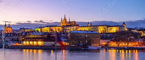 Fototapeta Naklejka Na Ścianę i Meble -  Prague, Prague Castle, Charles Bridge, Vltava River, monuments, architecture, history, winter, snow, boats, harbor, pier