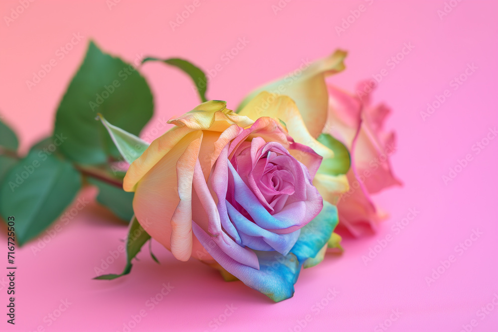 Fototapeta premium A lot of beautiful bright multi-colored roses of different colors. Colorful roses. pastel flowers, roses. Bunch of colorful roses. Beautiful bouquet of roses in variety of colors. Seasonal flower card