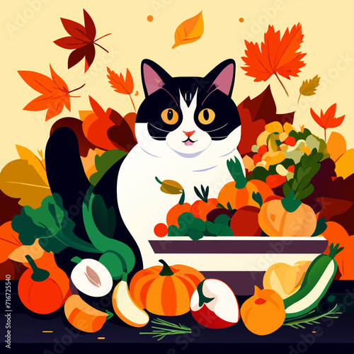 Vector illustration of a black cat sitting next to a plate full of autumn vegetables. AI Generated