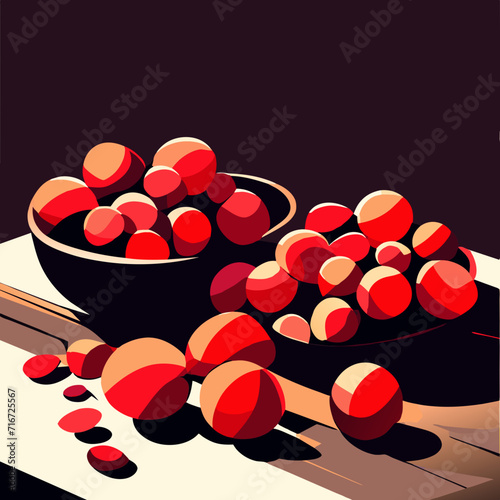 Illustration of a bowl of red candies on a wooden table generative AI