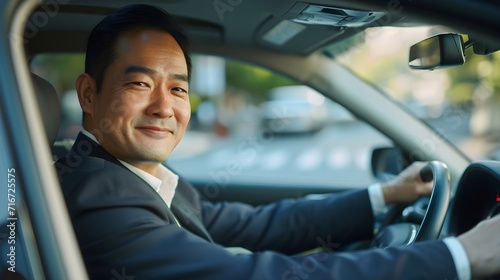 Portrait of a happy asian businessman driving a luxury car, generative AI © Hifzhan Graphics